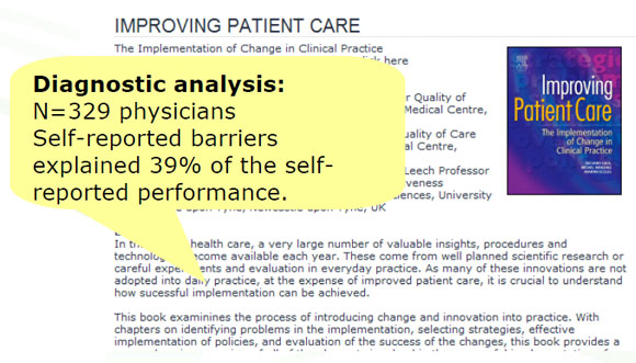 Diagnostic analysis: N=329 physicians. Self-reported barriers explained 39% of the self-reported performance.