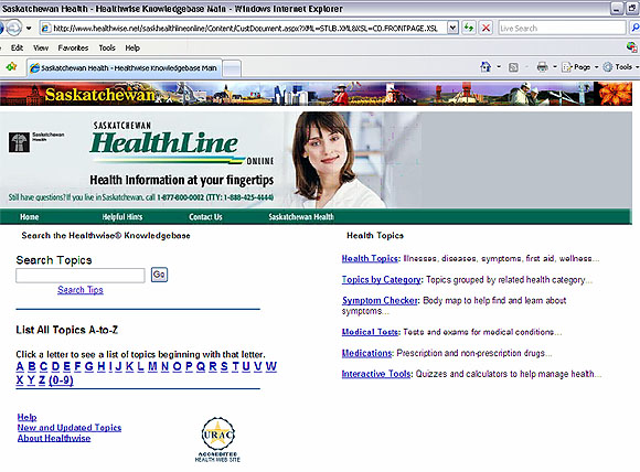 Screen capture: Saskatchewan Health - Healthwise Knowledgebase Main